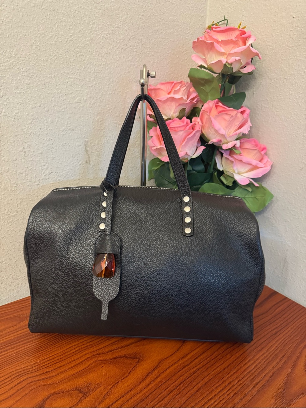 Everyday Black Pebbled Leather Tote with Amber Accent